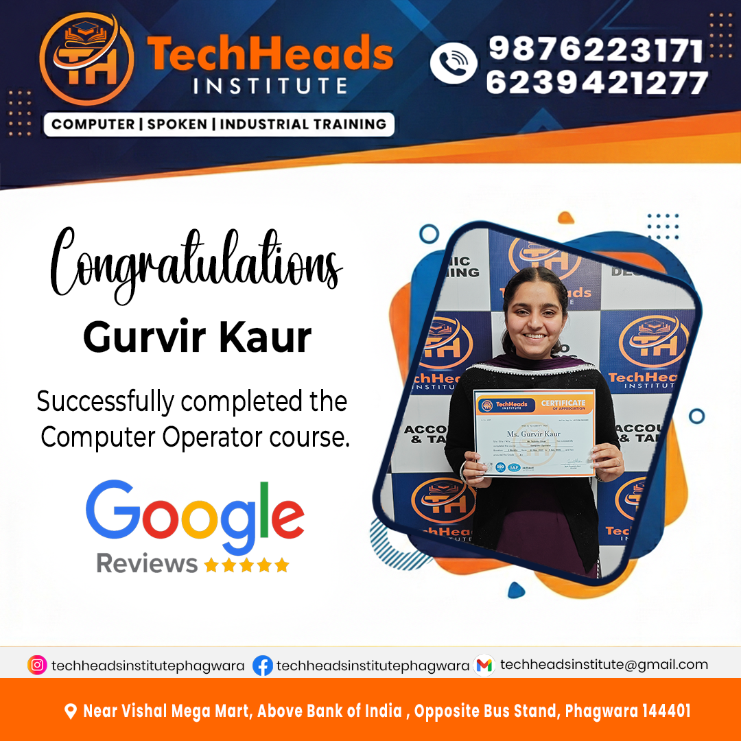 Student completing Basic Computer Course at TechHeads Institute Phagwara