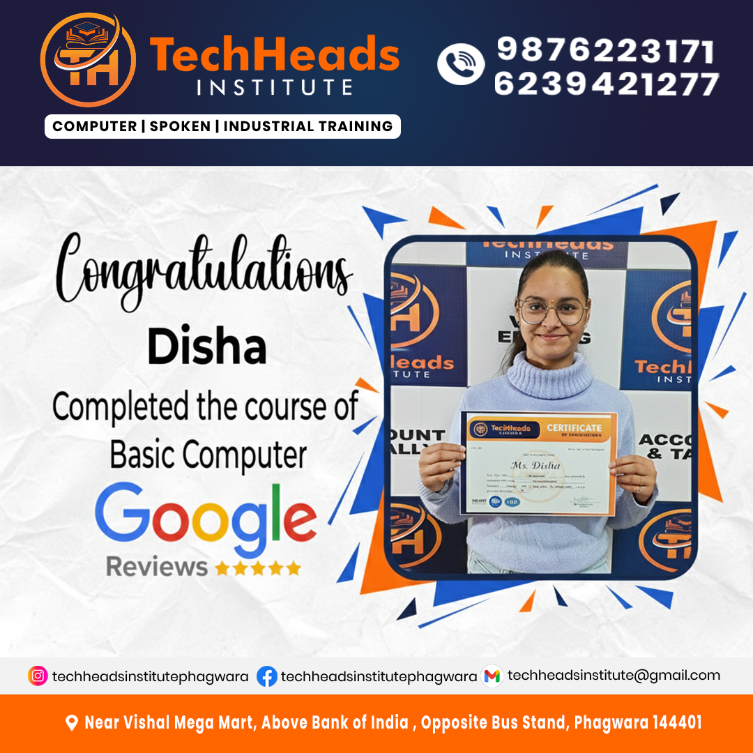 Disha student completing Basic Computer Course at TechHeads Computer Institute Phagwara Punjab learning MS Office, typing and internet skills