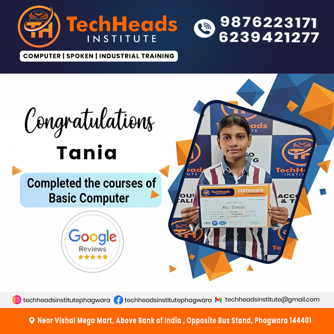 Tania student completing Basic Computer Course at TechHeads Computer Institute Phagwara Punjab learning MS Office, typing and internet skills
